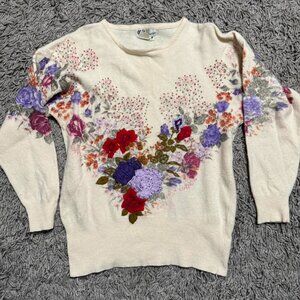 Retro Lambswool Angora Blend Boho Floral Sweater Size M